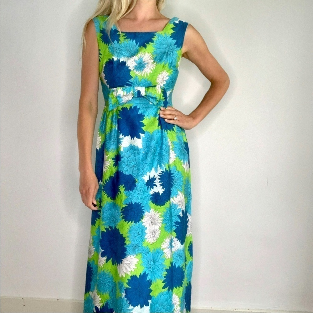 Vintage Blue, Green, White Floral Maxi Dress